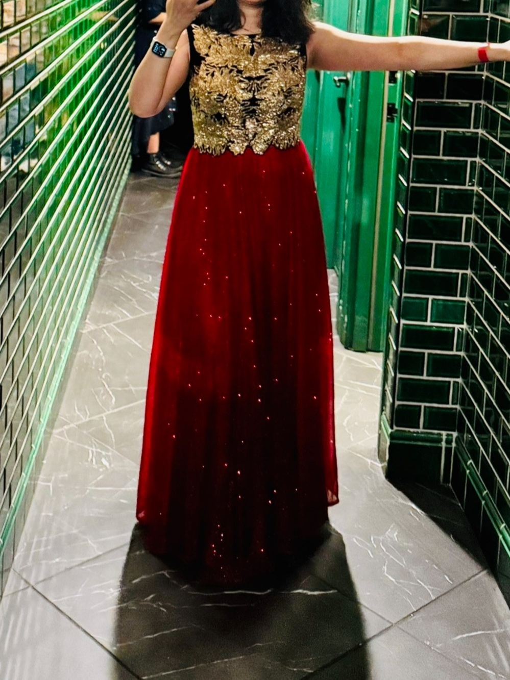 Gold Sequin Bodice Red Evening Gown